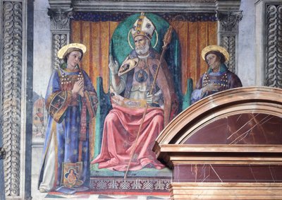 Pyhä Zenobius, Firenzen piispa ja suojelija, pyhien Eugene ja Crescenzion välissä ja Marzocco, leijona, Domenico Ghirlandaion (1449-1494) kaupungin symboli, fresko, yksityiskohta, Palazzo Vecchio, Liljojen huone (Sala dei Gigli), Firenze tekijältä Domenico Ghirlandaio