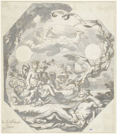 Suunnittelu kellotaululle, jossa on mytologinen allegoria tekijältä Domenico I Piola (attributed to)