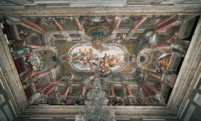 Tarjous Jupiterille Januksen temppelin (tai rauhan allegorian) avaimista, jalokerroksen kattoa, noin 1665 (fresko) tekijältä Domenico I Piola