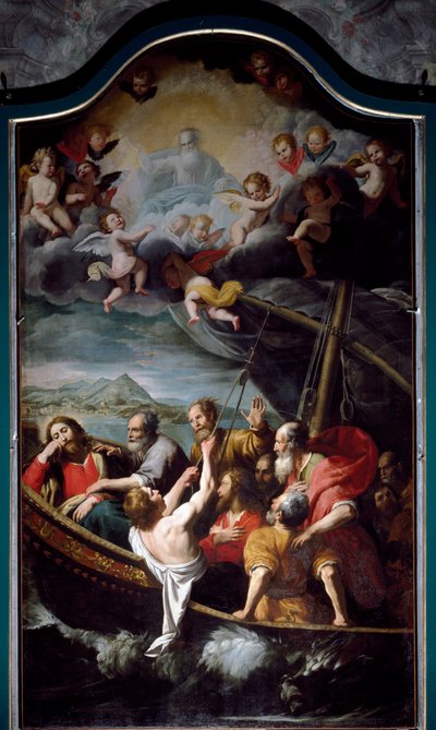 Pyhä Nikolaus rauhoittaa myrskyn. Domenico Fiasella dit il Sarzanan (1589-1669) maalaus Sestri Ponente, Santa Maria dell