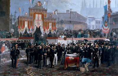 Galleria Victor Emmanuel II:n peruskiven muurausseremonia Milanossa, 7. maaliskuuta tekijältä Domenico Induno