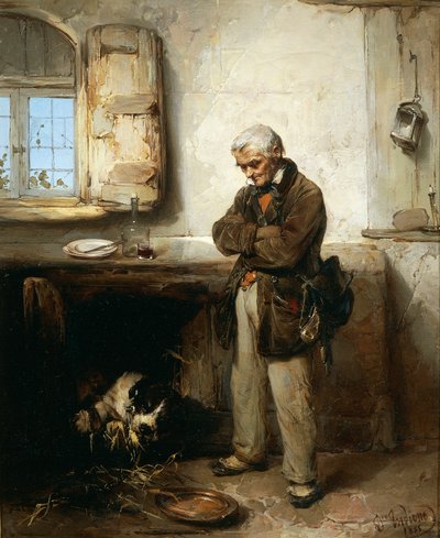 Vanhus ja koira, noin 1855, kirjoittanut Domenico Induno (1815-1878), öljy kankaalle, 45x54 cm tekijältä Domenico Induno