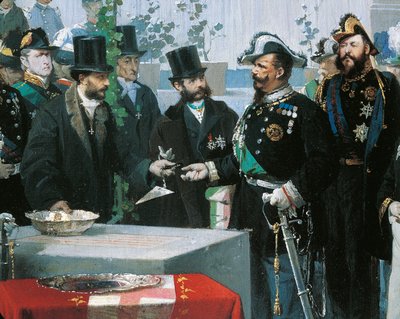Galleria Vittorio Emanuelen kulmakiven laskeminen Milanossa, Domenico Induno, yksityiskohta, öljy kankaalle tekijältä Domenico Induno