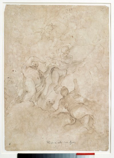 Jupiter uskoo Bacchuksen Mercure Drawingin ruskealla pesulla ja verellä, jonka on kirjoittanut Domenico Canuti (1620-1684) Paris. Louvren taidemuseo tekijältä Domenico Maria Canuti