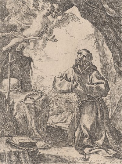 Pyhä Franciscus Assisilainen, polvistumassa krusifiksin edessä ja kaksi enkeliä ylävasemmalla, 1643-44. tekijältä Domenico Maria Canuti