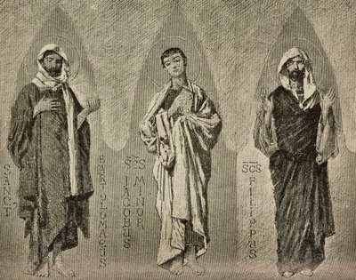 Pyhät Bartolomeus, Jaakob Pienempi ja Philip, Domenico Morellin sarjakuvat mosaiikille Amalfin katedraalissa Italiassa, piirros P Scoppetta, kaiverrus L