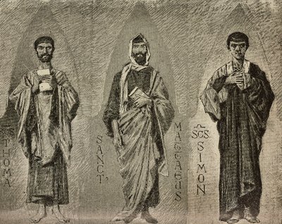 Pyhät Thomas, Mathew ja Simon, Domenico Morellin pilapiirrokset mosaiikille Amalfin katedraalissa, Italiassa, piirros P Scoppetta, kaiverrus L