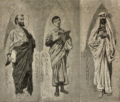 Sints Paavali, Jaakob Suuri ja Johannes, Domenico Morellin sarjakuvat Amalfin katedraalin mosaiikille, Italia, piirustus P Scoppetta, kaiverrus L