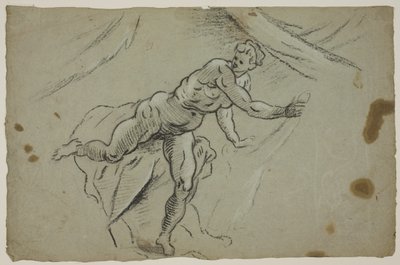 Alaston nainen kankaalla kädessään poistumassa kiireesti teltalta tekijältä Domenico Tintoretto