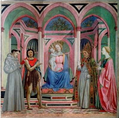Santa Lucia dei Magnolin alttaritaulu: Madonna ja lapsi Pyhän Lucian, Saint Francoisin, Johannes Kastajan ja Pyhän Zanobin (Zenobie) Detrempen kanssa Domenico Venezianon (Domenico di Bartolomeo) puulla (1400-luvun alku-1461) n. 1455. Aurinko. 209x213 c tekijältä Domenico Veneziano