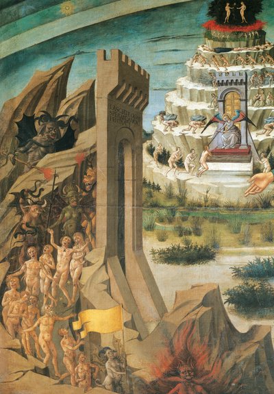 Kirotun hahmot, yksityiskohta Dantesta pitelee jumalallista näytelmää, fresko Domenico di Michelino (1417-1491), Santa Maria del Fioren katedraali, Firenze, Italia tekijältä Domenico di Michelino