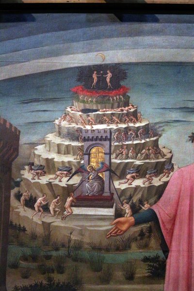 Italialainen:  Dante Alighieri ja Firenze ja jumalallisen komedian valtakunnat (helvetti, kiirastuli, paratiisi). tekijältä Domenico di Michelino