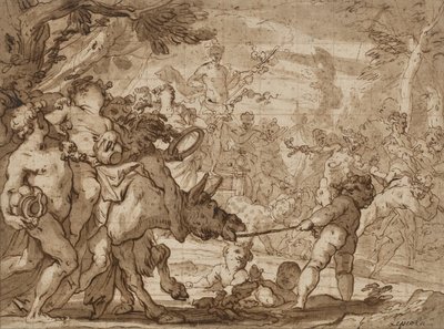Bacchuksen voitto, n. 1642-1703 (kynä ja ruskea muste ja pesu punaisella liidulla levitetylle paperille) tekijältä Domenico the Elder Piola
