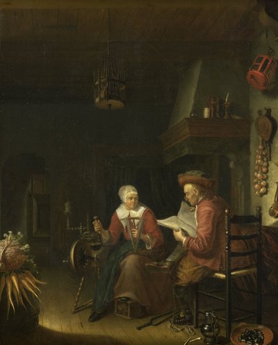 Sisustus, jossa mies lukee ja nainen kehruu lankaa tekijältä Domenicus van Tol