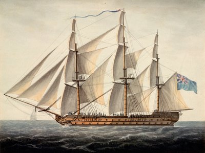 Ranskalainen alus "Sans Pareil", 3. luokan laiva, 80 tykkiä, kaapattu kesäkuun ensimmäisenä päivänä noin vuonna 1800 (vesiväri). tekijältä Dominic Serres