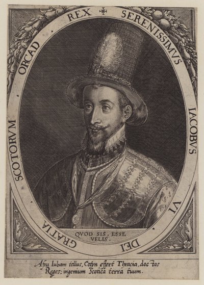Skotlannin kuningas James VI (kaiverrus) tekijältä Dominicus or Custodis Custos