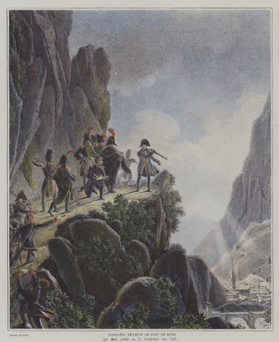 Napoleon tutkii Fort Bardia Italiassa, 23. toukokuuta 1800 (värilitho) tekijältä Dominique Vivant (after) Denon