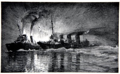 HMS Broke törmää saksalaiseen hävittäjään, kuva Gordon S. Maxwellin laivastonrintamasta, 1920 tekijältä Donald Maxwell