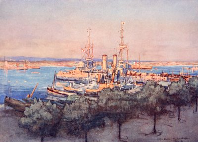 H.M.S. Kuningatar, troolarit ja ajokuljettajat, Taranto, kuva Gordon S. Maxwellin teoksesta "The Naval Front", 1920 tekijältä Donald Maxwell