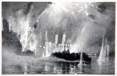 Moottori laukaisee lohkolaivojen miehistöjä Zeebruggessa, kuva Gordon S. Maxwellin teoksesta "The Naval Front", 1920 tekijältä Donald Maxwell