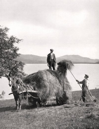 Heinän lastaus vaunuun Loch Lomondin rannalla, Skotlannissa, 1924-1926. tekijältä Donald McLeish