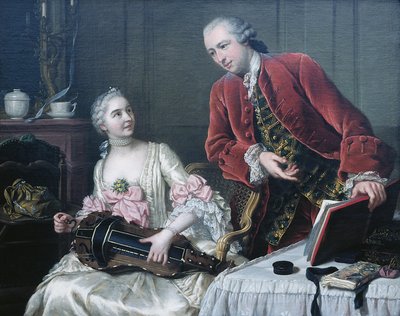 Muotokuva monsieur ja rouva de Corcellesista soittamassa musiikkia sisätiloissa tekijältä Donat Nonotte