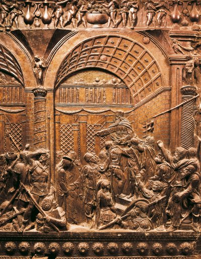 Renessanssin taide (Quattrocento): Kristus johtaa Kaifasta. 1460. Matala kohokuvio pronssissa) tekijältä Donatello
