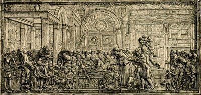 Ahneen miehen sydämen ihme, Pyhän Antoniuksen alttari, Donatellon pronssireliefi, Padovan Pyhän Antoniuksen basilika, Padova, Veneto, Italia, puupiirros teoksesta Le cento citta d