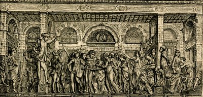 Vastasyntyneen puhuvan lapsen ihme, Pyhän Antoniuksen alttari, Donatellon pronssireliefi, Padovan Pyhän Antoniuksen basilika, Padova, Veneto, Italia, puupiirros teoksesta Le cento citta d