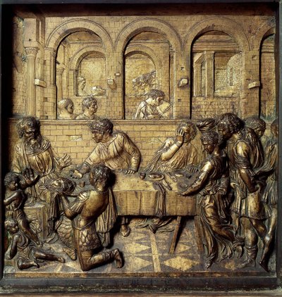 Herode Antipas II:n (21 eKr.-39 jKr.) juhla. Yksityiskohta Donato di Niccolo di Betto Bardi dit Donatellon (1386-1466) toteuttamasta kastealtaan alemmasta kohokuviosta tekijältä Donatello