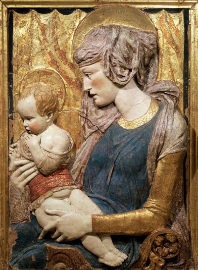 Neitsyt ja lapsi, n. 1440, Donatello (n. 1386-1466), maalattu ja kullattu terrakottareliefi tekijältä Donatello