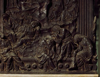 Jumalanpalvelus puutarhassa, yksityiskohta vasemmasta saarnatuolista, kirjoittanut Donatello (1386-1466), Basilica of St Lawrence, Firenze, Italia tekijältä Donatello