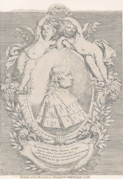 Giovanni Girolamo Sbaraglian muotokuva soikeassa, jota reunustavat kaksi puttia runsaudensarvi..., 1716. tekijältä Donato Creti