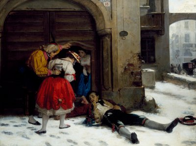 Paluu koko yön juhlien jälkeen, maalaus Domenico Scattola (1814-1876), öljy kankaalle, 75x100 cm tekijältä Donenico Scattola