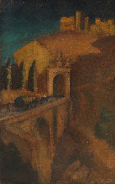 Vuoristomaisema sillalla (verso), n. 1910 (öljy kankaalle) tekijältä Dora (attr. to) Carrington