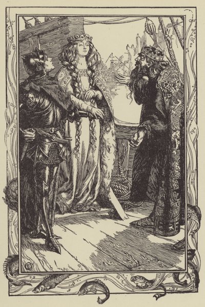 Kuningas Anguish antaa Isoltin Sir Tristramille (litho) tekijältä Dora Curtis