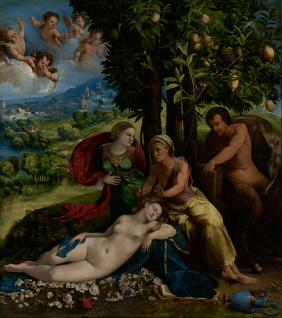 Mytologinen kohtaus, noin 1524 (öljy kankaalle). tekijältä Dosso Dossi