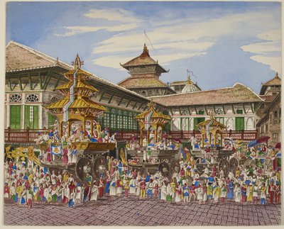 T neitsytmatka. Tri Temple Cars Outside T Hanuman Dhoka, Kathmandu (Black Litho) tekijältä Dr. Henry Ambrose Oldfield