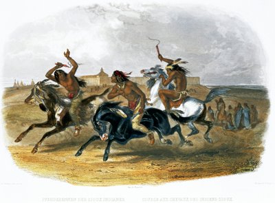 "Sioux-intiaanien hevoskilpailut lähellä Fort Pierreä", 1843 tekijältä Du Casse and Doherty