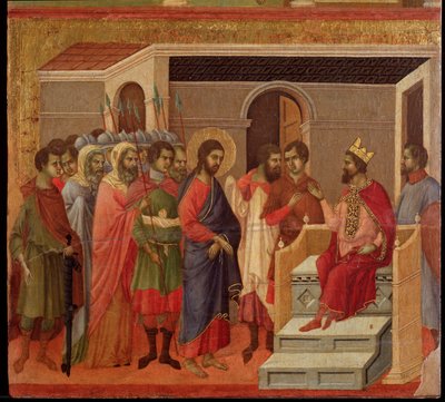 Jeesus Herodeksen edessä. Maesta-alttaritaulu (tempera ja kulta puulla tekijältä Duccio di Buoninsegna
