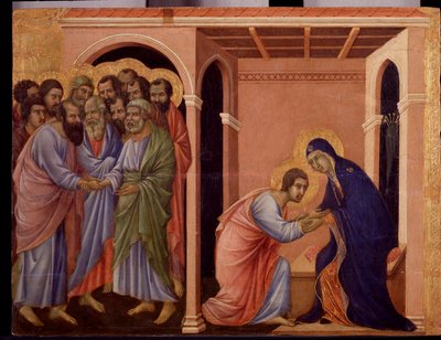 Maria hyväksyy Johanneksen, ulkopuolelta apostolit Pietari ja Paavali kättelevät. Yksityiskohta Maesta (tempera ja kulta puulla tekijältä Duccio di Buoninsegna