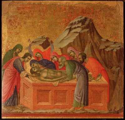 Intohimo: hautaus. Maesta-alttaritaulu (tempera ja kulta puulla tekijältä Duccio di Buoninsegna
