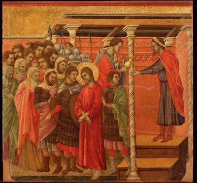 Pontius Pilatus pesee kätensä. Maesta-alttaritaulu (tempera ja kulta puulla tekijältä Duccio di Buoninsegna