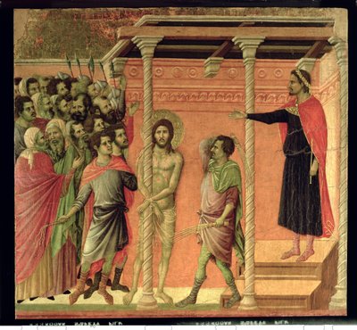 Ruoskanleikkaus, Maestan alttaritaulusta, noin 1308-11 (tempera paneelille0). tekijältä Duccio di Buoninsegna