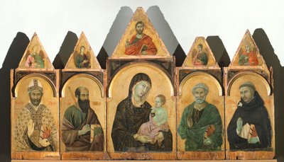 Pyhä Neitsyt ja Kristuslapsi sekä pyhimykset Augustinus, Paavali, Pietari ja Domenico (tai polyptyykki nro 28), noin 1305, Duccio di Buoninsegna (n. 1255 - ennen vuotta 1319), tempera ja kultaa puulle. tekijältä Duccio di Buoninsegna