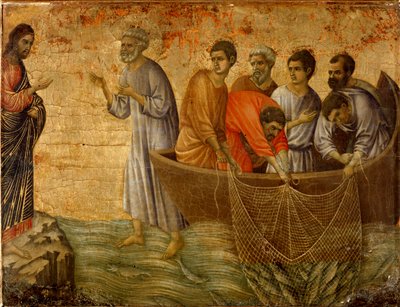 Toinen ihme synti: Kristuksen ilmestyminen apostoleille Tiberiasjärvellä tekijältä Duccio di Buoninsegna