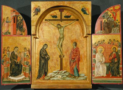 Triptyykki: Ristiinnaulitseminen ja muita kohtauksia tekijältä Duccio di Buoninsegna
