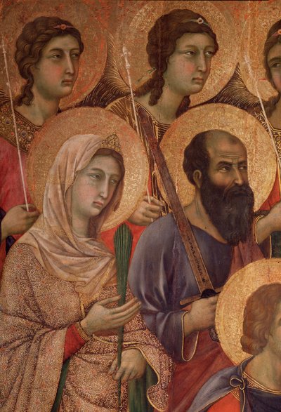 Neitsyt ja lapsi valtaistuimella, yksityiskohta pyhä Katariina Aleksandrialainen ja pyhä Paavali. (La Maesta) (tempera ja kulta puulla tekijältä Duccio di Buoninsegna