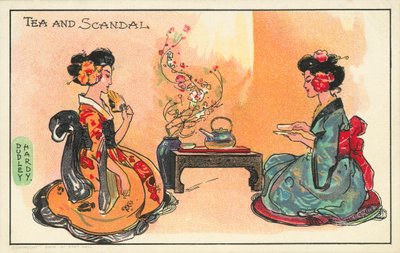 Tee ja skandaali: kaksi japanilaista naista juo teetä (värinen lito) tekijältä Dudley Hardy