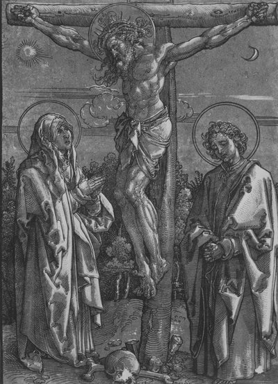 Kristus ristillä Neitsyen ja Pyhän Johanneksen kanssa, 1500-1550. tekijältä Dürer School.